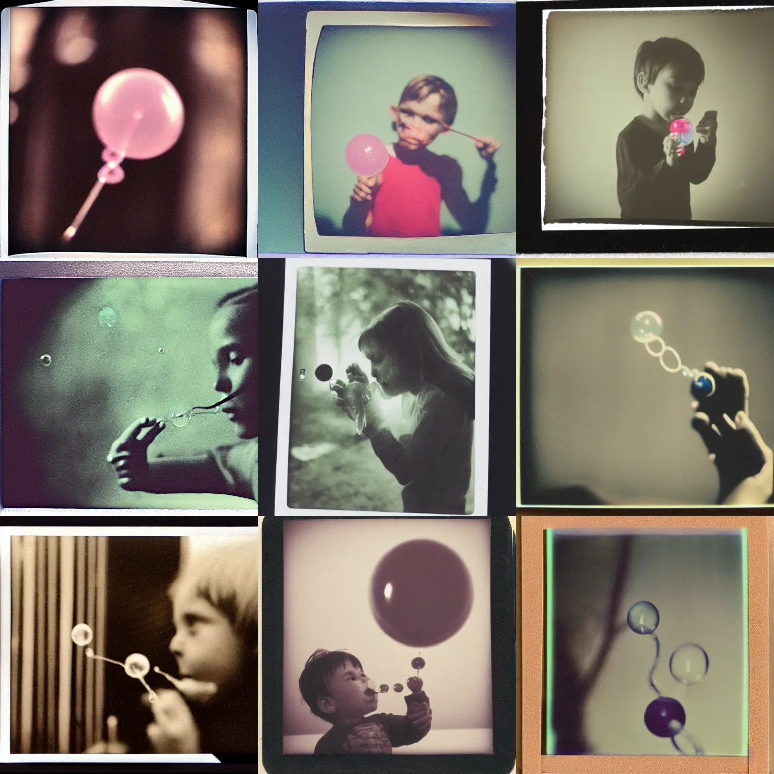 Prompt: alien blowing bubbles. polaroid, nostalgic memory