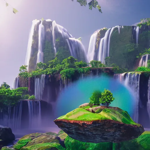 Image similar to manhattan and waterfalls on a floating island in the sky, low poly art, isometric art, 3d render, ray tracing, high detail, artstation, concept art, behance, smooth, sharp focus, ethereal lighting, unreal engine 5