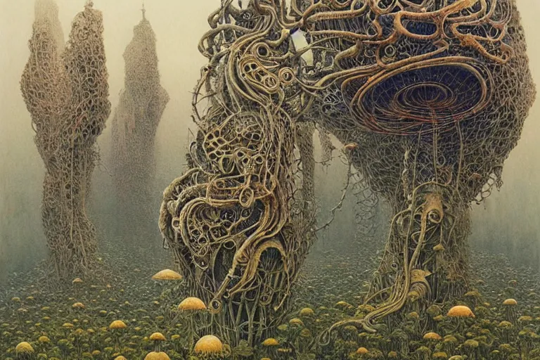 Image similar to a surreal and awe - inspiring science fiction landscape, alien plants and animals, intricate, elegant, highly detailed watercolor painting by beksinski and simon stalenhag