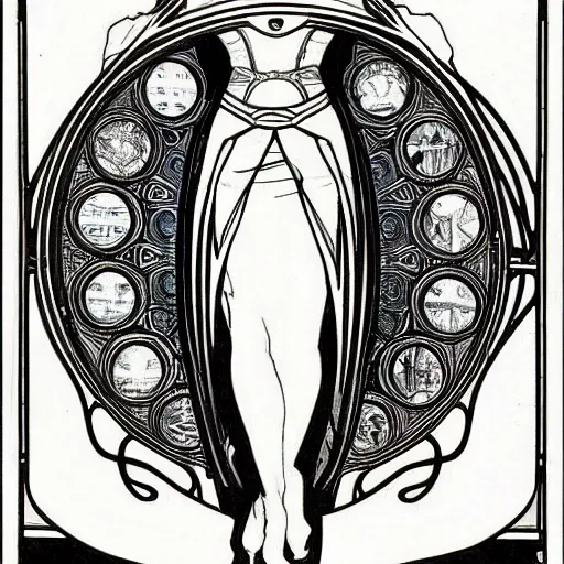 Image similar to a scifi line art pattern by alphonse mucha