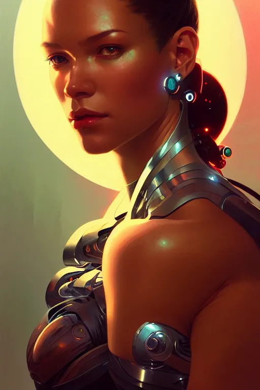 Prompt: a portrait of cyborg, fantasy, sharp focus, intricate, elegant, digital painting, artstation, matte, highly detailed, concept art, illustration, ambient lighting, art by ilya kuvshinov, artgerm, alphonse mucha, and greg rutkowski