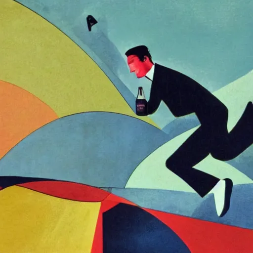 Prompt: artistic rendition of a man jumping in the while holding a bottle, futurism