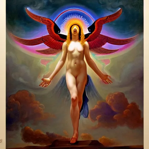 Image similar to painting of rainbow ophanim surrounded by large diagonally rotating rings, ophanim has bird wings, giant eyeball in the middle of the ophanim, by roberto ferri, amazing details, mythological, biblical, beautiful composition