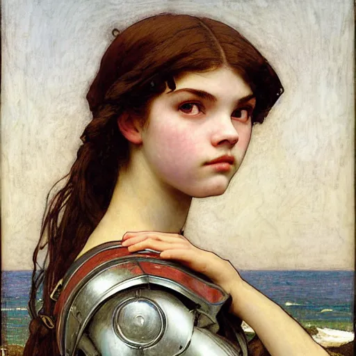 Image similar to a realistic face portrait of a teenage girl who looks like Uma Thurmond and Anya Taylor Joy with an anxious expression and parted lips, wearing mechanical robotic battle armor, by John William Waterhouse, Frederic Leighton, Alphonse Mucha, Edward Burne Jones