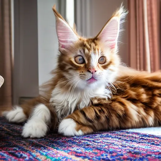 Prompt: cream color maine coon cat chasing a cat-toy-ball in a sunlit bedroom, hardwood floors with a colorful tattered old throw rug, bay window sofa in the background, fun, energetic, amusing, cute, funny, in style of Steve Henderrson