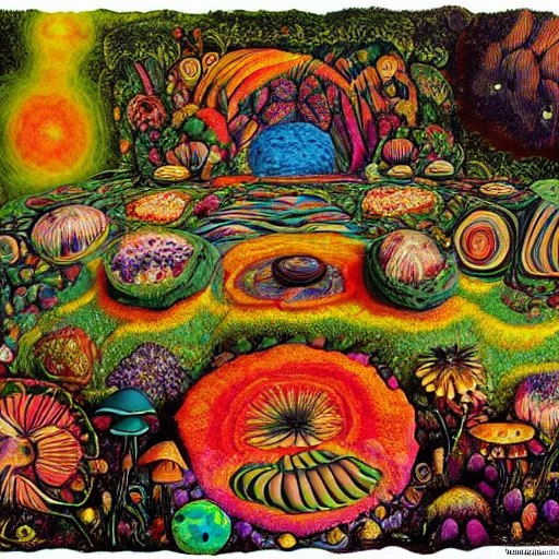 Prompt: psychedelic trippy couch in forest, planets, flowers, mushrooms milky way, sofa, cartoon by giuseppe arcimboldo