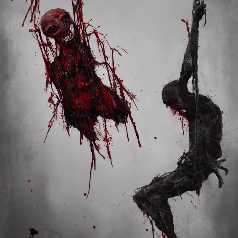 Image similar to a painting of a marionette puppet hanging limp with blood running from his eyes, by greg rutkowski, horror themed, stark light and shadows, grayscale