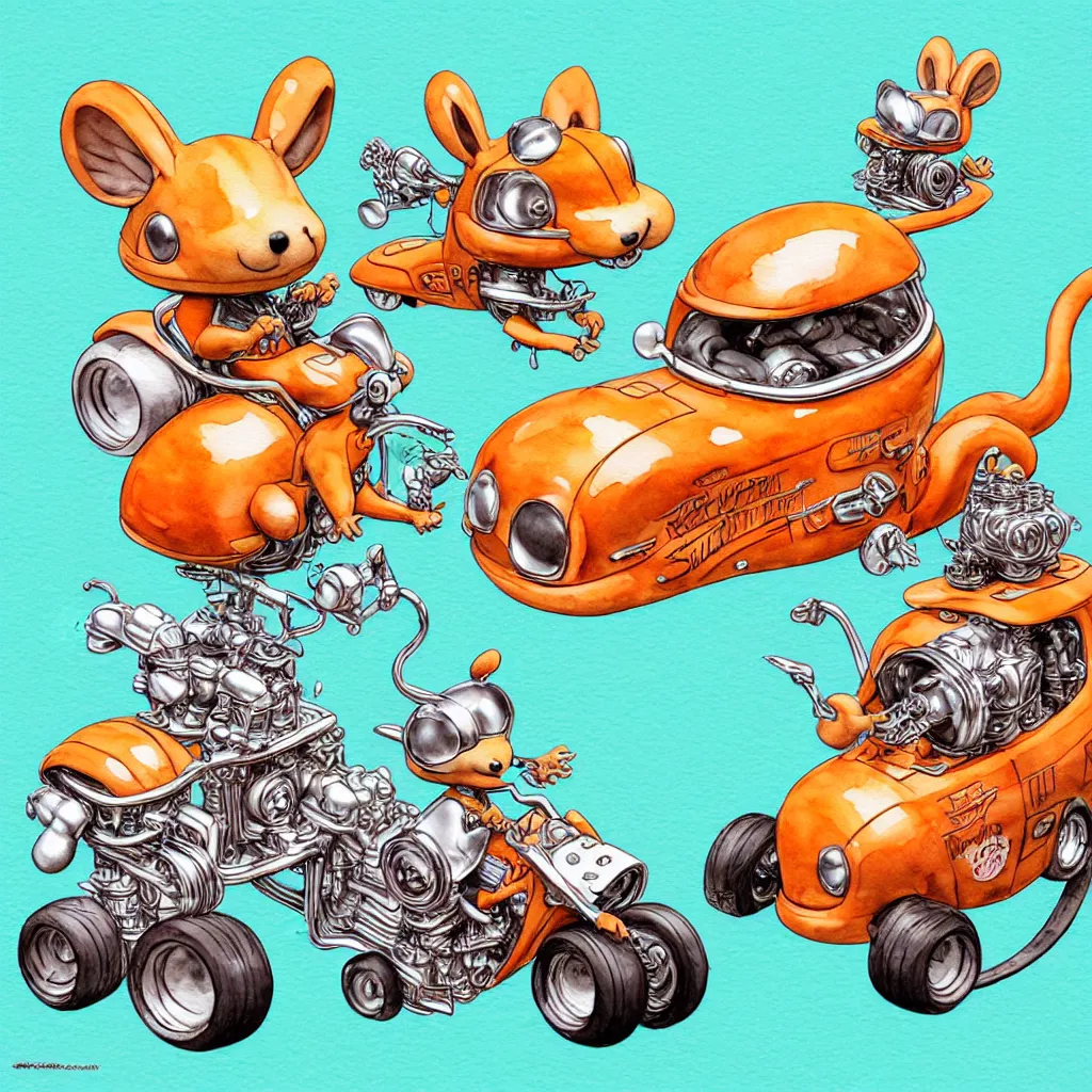 Image similar to cute and funny, squirrel wearing a helmet riding in a hot rod with oversized engine, ratfink style by ed roth, centered award winning watercolor pen illustration, isometric illustration by chihiro iwasaki, edited by range murata, tiny details by artgerm and watercolor girl, symmetrically isometrically centered, sharply focused