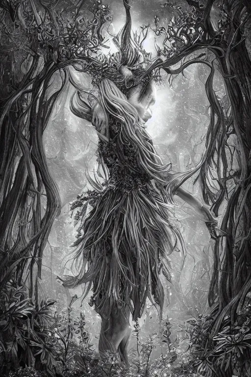 Image similar to plant fairy | digital painting | highly detailed | ultra realistic | dark fantasy | vivid colors | cinematic atmosphere | hyper detailed | black and white | strong lines