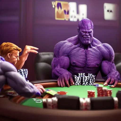 Image similar to thanos playing poker and going all in, high detail, photorealistic, depth of field