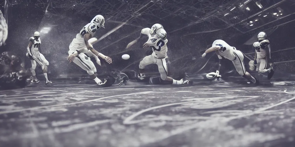 Image similar to ”player throwing the ball while being violently tackled, futuristic american football played on a metal floor in a closed arena with a chrome ball, [scifi, sports, retrofuturistic, ramps, painted lines on the floor, octane render, realistic, detailed, photography]”