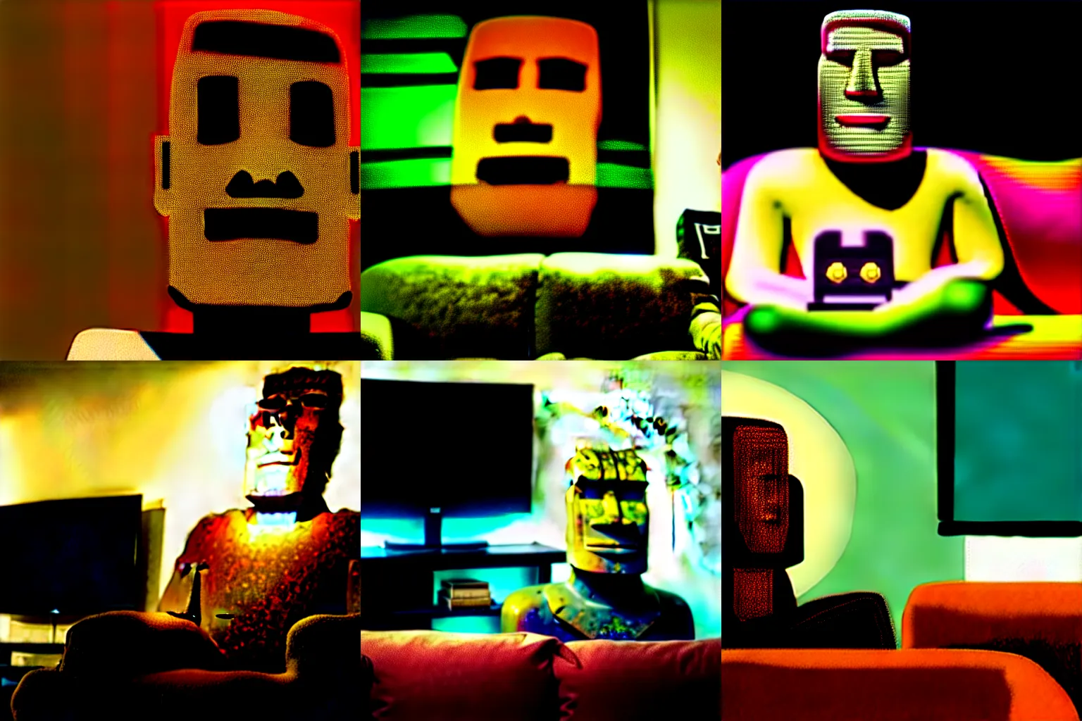 Image similar to Moai statue sitting on a couch playing video games