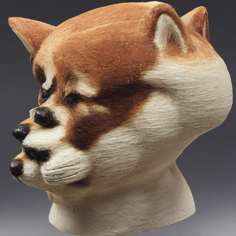 Prompt: a shiba-inu carved into the head of a viking longboat