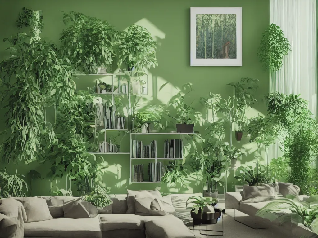 Image similar to comfy green living room with many plants, complicated liminal interior, Lynchian, unsettling, dreamlike with vapor clouds and painting by Henri Rousseau, 3D render by Beeple and Barry Chuckle, layered, parallax effect