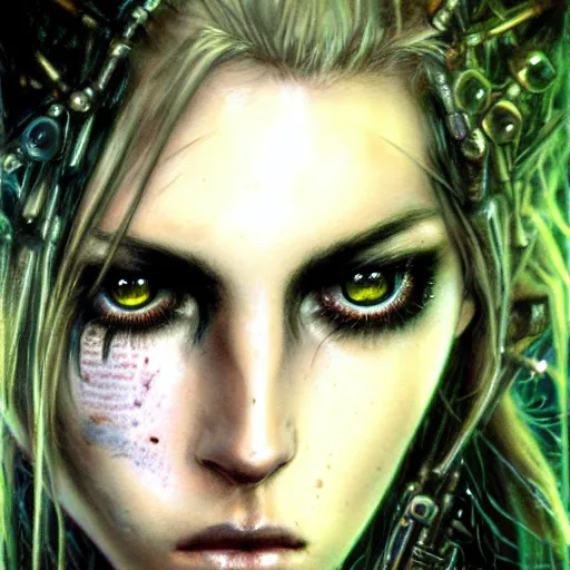 Image similar to an award finning closeup facial portrait by luis royo and john howe of a very beautiful and attractive female bohemian cyberpunk traveller aged 1 9 with green eyes and freckles in clothed in excessively fashionable cyberpunk gear and wearing ornate warpaint