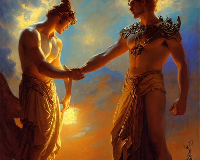 Image similar to attractive pagan male deity, summoning handsome lucifer morning star. highly detailed painting by gaston bussiere, craig mullins, j. c. leyendecker 8 k