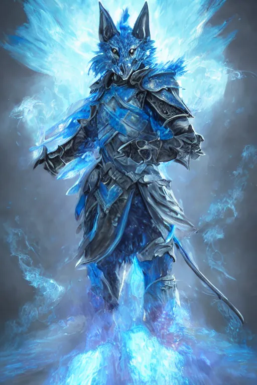 Image similar to anthropomorphic Azure wolf knight, DnD character art portrait, fantasy battleground, raining, blue flame, oil painting, heroic pose, magic the gathering artwork, D&D, fantasy, cinematic lighting, centered, symmetrical, highly detailed, digital painting, artstation, concept art, chromatic aberration, post processing, smooth, sharp focus, illustration, volumetric lighting, epic Composition, 8k, art, DeviantArt, trending on Artstation, Jason Felix, Steve Argyle, Tyler Jacobson, Peter Mohrbacher, Akihiko Yoshida, Greg Rutkowski, Craig Mullins, Frank Frazetta, cinematic lighting