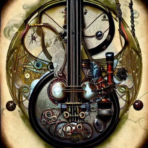 Image similar to photo of an eccentric steampunk electric guitar with ornaments, ultra realistic, vapor tubes, clock, mucha, art deco, art nouveau, neo goth, goth, cyberpunk