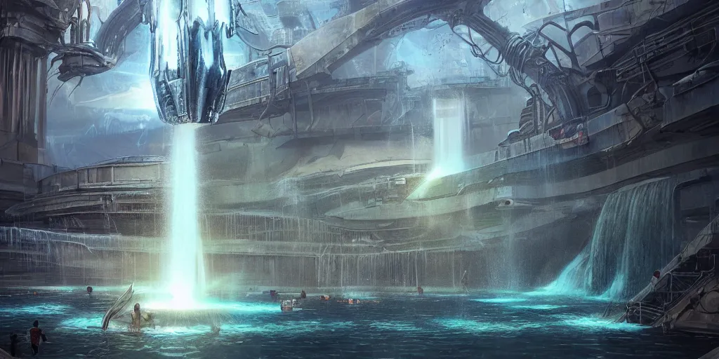 Image similar to alien spacecraft hovering over beautiful pool waterfalls surrounded by alien robots, steel archways with sparks flying off, industrial buildings, rusty metal towers, sun setting, ross tran, fantasy, james jean, peter morbacher, angelarium, alchemy, luxury, heavenly light, soft illumination, trending on artstation, cinematic lighting, digital painting, octane render