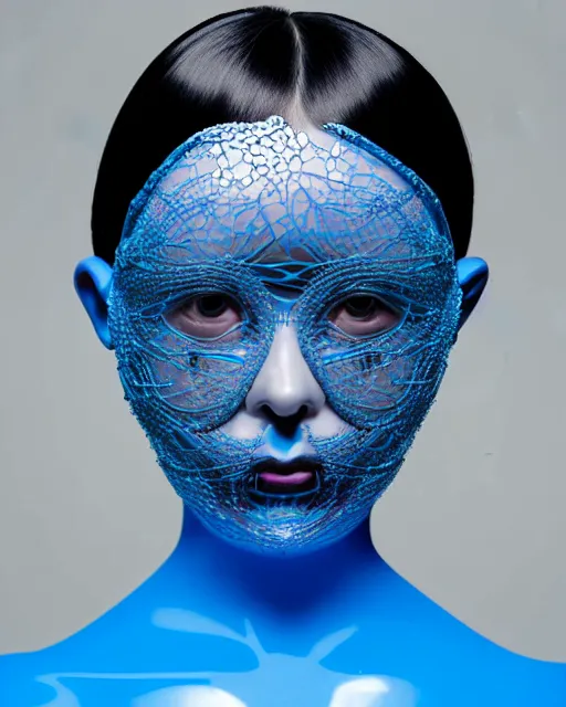 Image similar to symmetrical close - up portrait of a woman wearing a translucent silicone beauty mask and blue hair, wearing a black bodysuit by alexander mcqueen, plastic translucent flowers, black background, soft diffused light, biotechnology, humanoide robot, bjork aesthetic, translucent, intricate details, highly detailed, masterpiece,