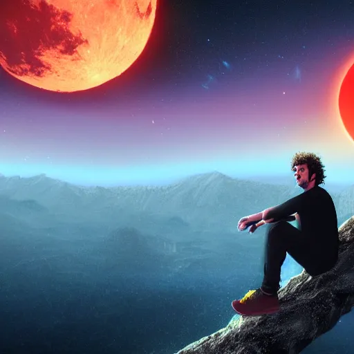 Prompt: gustavo cerati sitting on the red moon, digital art, matte painting, render unreal engine, highly detailed,