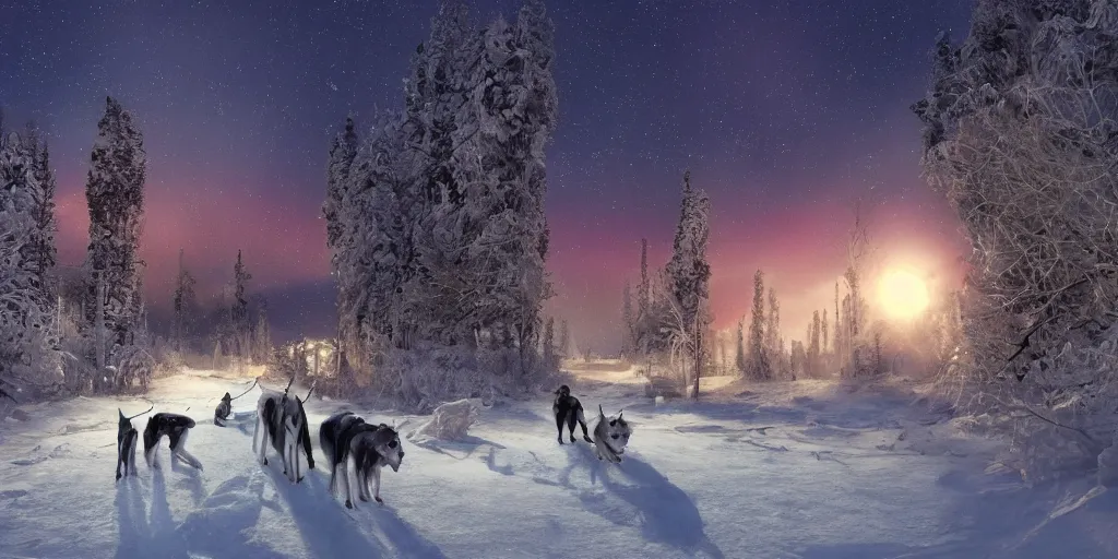 Prompt: a winter scene at night, northern lights, dog sled team, matte painting, high quality, trending on artstation