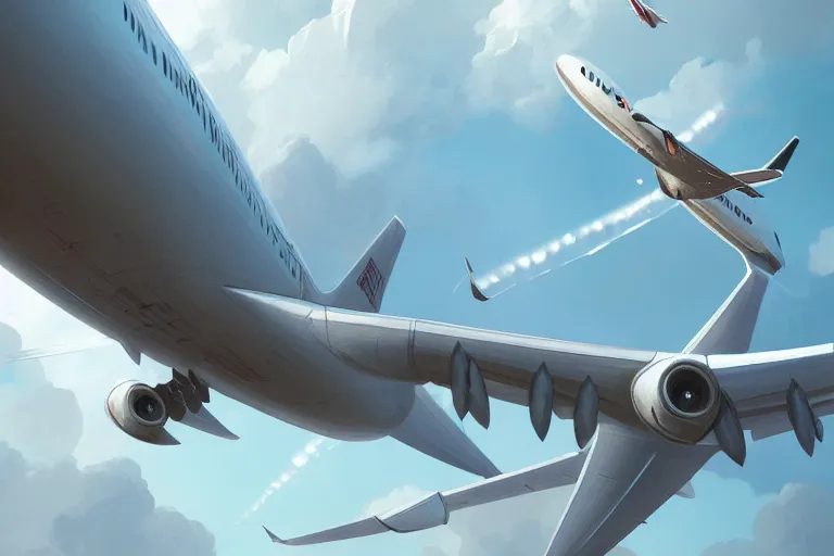 Image similar to detailed intricate digital illustration by greg rutkowski and artgerm and wlop and sanford robinson gifford ; commercial air liner with hole in fuselage, wind, everything flying around, falling ; 1 3 mm film, arri alfa anamorphic lens, fisheye wide angle ; sharp focus ; trending on artstation 8 k