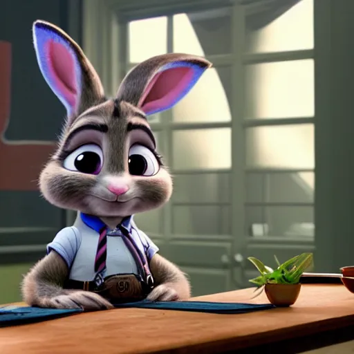 Image similar to Judy Hopps, the rabbit police officer from Zootopia, interrogating Hannibal Lecter from Silence of the Lambs, mashup, 4k movie still