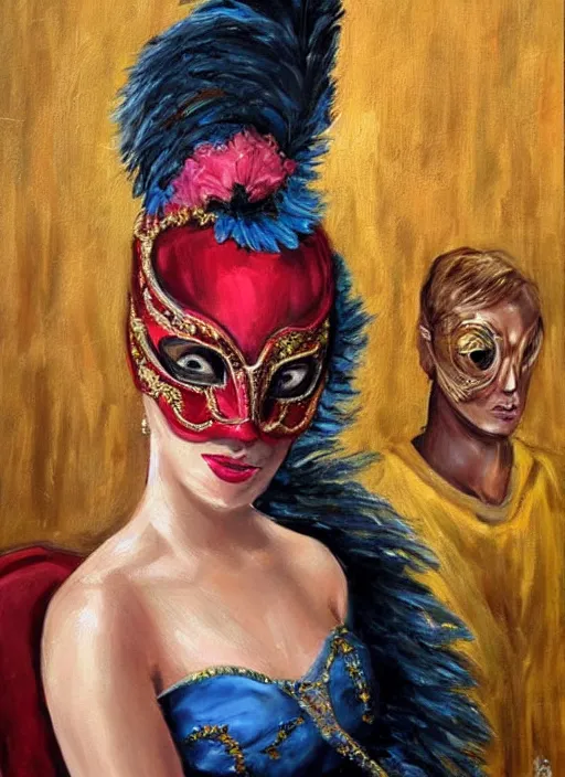 Image similar to a beautiful woman wearing an elaborate masquerade mask and matching ballgown, looking at the viewer with an alluring expression. painting by magali villanueve