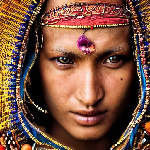 Image similar to portrait of a stunningly beautiful alluring nepalese tribal female, depth of field, zeiss lens, detailed, symmetrical, centered, fashion photoshoot, by annie leibovitz and steve mccurry, david lazar, jimmy nelsson, breathtaking, 8 k resolution, extremely detailed, beautiful, establishing shot, artistic, hyperrealistic, beautiful face, octane render