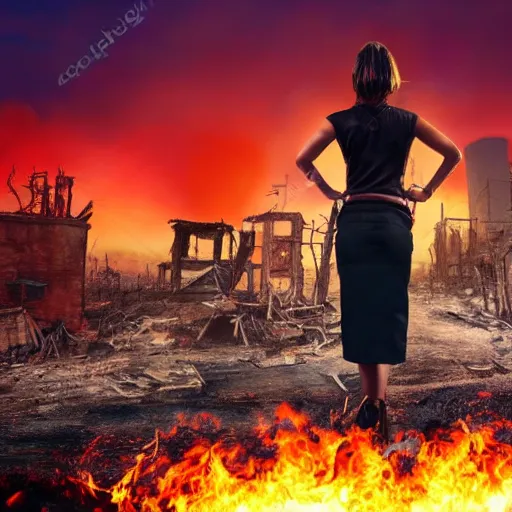 Image similar to rebel woman standing in front of a post apocalyptic city with burning red sky