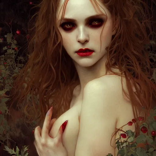 Prompt: portrait of beautiful vampire, thorns everywhere, real eyes, headshot, pale skin, 4k, rule of thirds, extreme detail, detailed drawing, trending artstation, hd, fantasy, D&D, realistic lighting, by Alphonse Mucha, Greg Rutkowski.