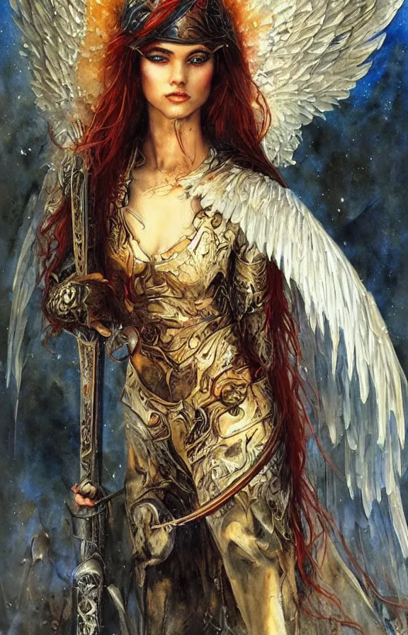 Image similar to a beautiful young medieval warrior, by karol bak, fine art, watercolor, technicolor, angelic