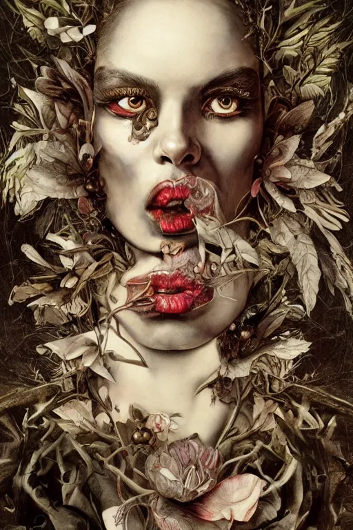 Prompt: Detailed maximalist portrait a with large lips and with large white eyes, angry expression, fleshy botanical, HD mixed media collage, highly detailed and intricate, illustration in the style of Caravaggio and Ryohei Hase, dark art, baroque