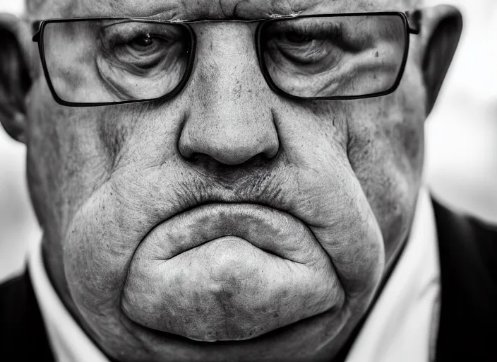 Image similar to high resolution black and white portrait with an 8 0 mm f / 4. 4 lens of a fat 7 0 year old intelligence agent looking very serious with a face like he is guarding a secret.