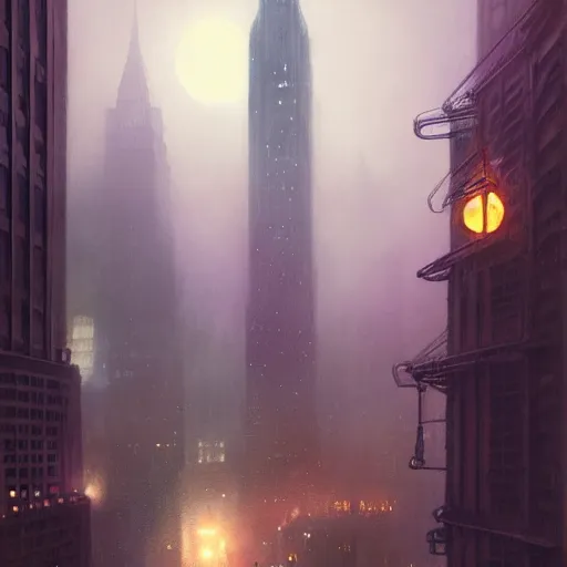 Image similar to nighttime in gotham city, art deco architecture, light mist, fantasy, intricate, elegant, digital painting, trending on artstation, concept art, soft focus, illustration by greg rutkowski, Gaston Bussiere and artgerm, 4k.