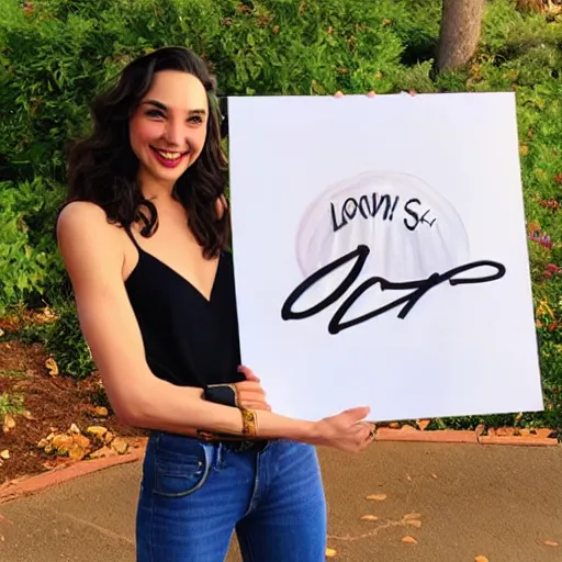 Prompt: Gal Gadot holding a sign that SHE LOVES MITCH!!!!!! as painted by Ralph Horsley