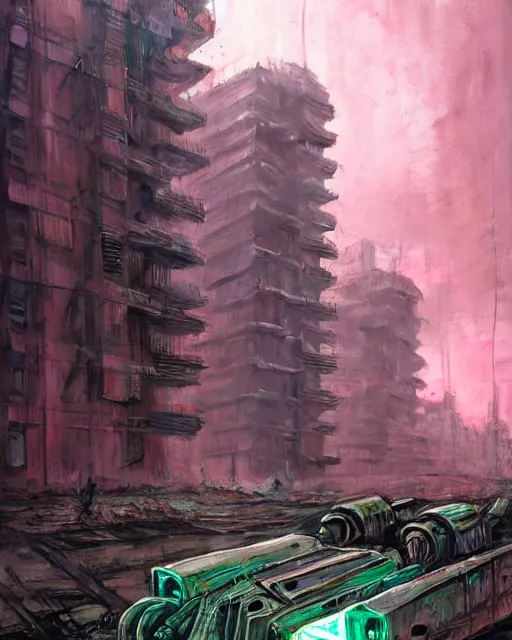 Image similar to hyperrealistic exoskeleton mecha iridescent pink brutalist city ruins background concept art santiago caruso de chirico sharp very dramatic green light 8k low angle shallow depth of field