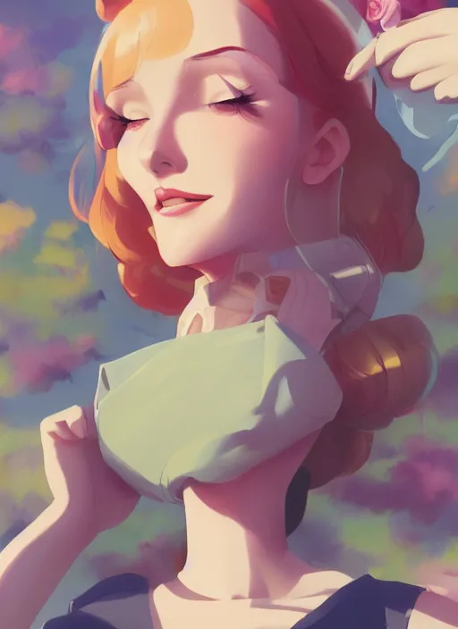 Prompt: a beautiful woman in 1950\'s fashion, park landscape, 4k, anime key visual, lois van baarle, ilya kuvshinov, rossdraws, artstation