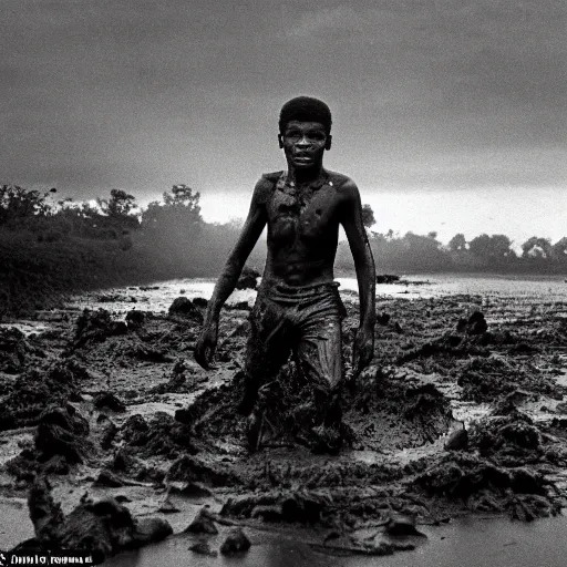 Image similar to 1 8 year old black boy soldier, rising out of muddy vietnam river, face covered in mud, low camera angle at water level, night time, film still from apocalypse now ( 1 9 7 9 ), 2 6 mm,