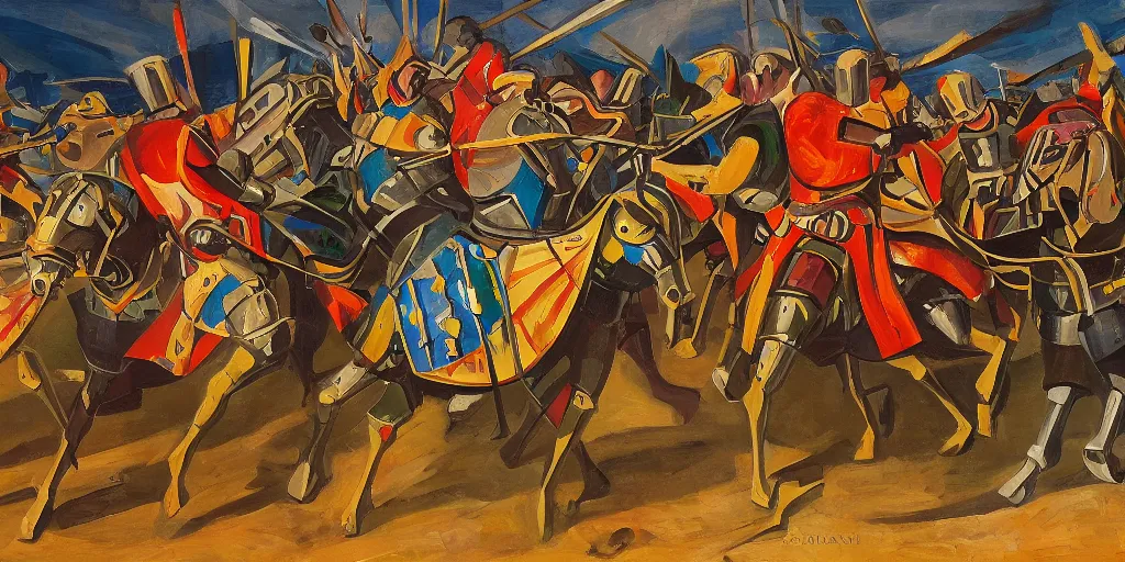 Image similar to futurism style painting of medieval knights jousting