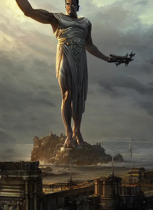 Image similar to the colossus of rhodes, epic science fiction horror digital matte painting by steve henderson and mark brooks ( and greg rutkowski ), extremely detailed, artstation