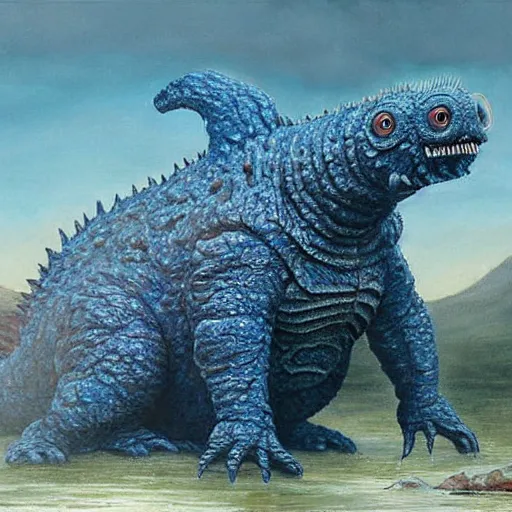 Prompt: realistic painting of a tardigrade kaiju, godzilla, by james gurney