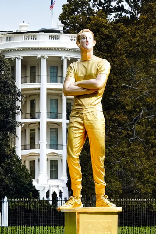 Image similar to A beautiful gold statue of Mark Zuckerberg in front of White House, photo by Steve McCurry, heroic pose, detailed, smooth, smiling, professional photographer