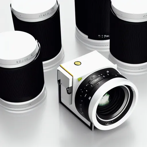 Image similar to from view of Leica rangefinder camera on white background, designed by Dieter Rams, painted by Syd Mead, octane render, keyshot, industrial design, minimalism