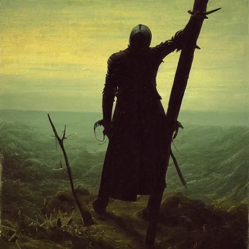 Image similar to dying knight facing the abyss, in the style of Caspar David Friedrich