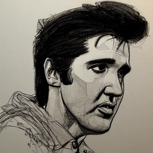 Prompt: a realistic yet scraggly portrait sketch of the side profile of a stern and sophisticated elvis presley, trending on artstation, intricate details, in the style of frank auerbach, in the style of sergio aragones, in the style of martin ansin, in the style of david aja, in the style of mattias adolfsson