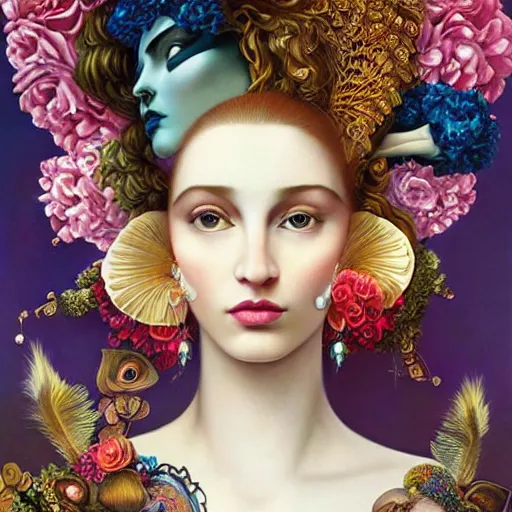 Prompt: dynamic composition, a painting of a man with hair of flowers and peacock plummage wearing ornate earrings, a surrealist painting by tom bagshaw and jacek yerga and tamara de lempicka and jesse king, featured on cgsociety, pop surrealism, surrealist, dramatic lighting, wiccan, pre - raphaelite, ornate gilded details