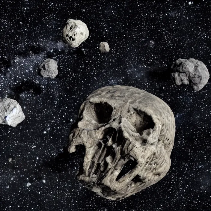 Image similar to asteroid belt with big asteroid in form of punisher skull