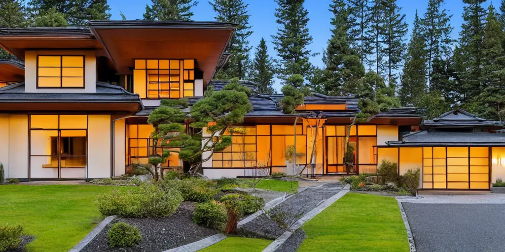 Image similar to large modern residence, pacific northwest japanese style, flared japanese black tile roof, many large windows, elegant